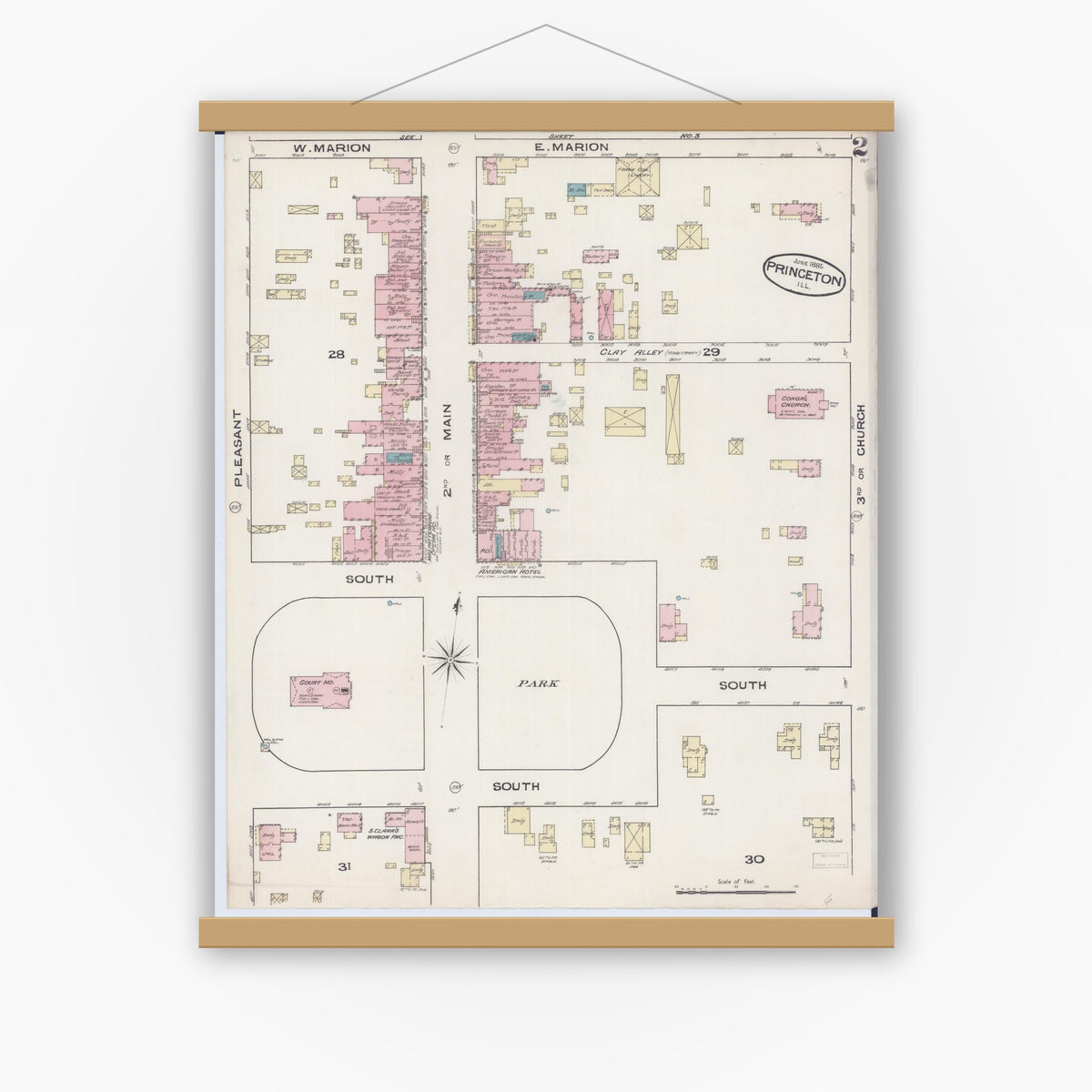 Old map wall art mockup — magnetic wood frame on white wall — Sanborn Fire Insurance Map from Princeton, Bureau County, Illinois (1885), Sheet #0002
