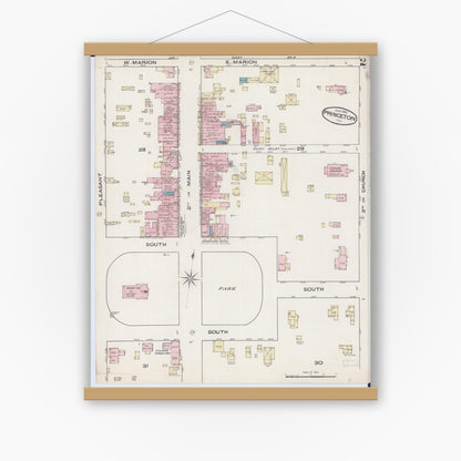 Old map wall art mockup — magnetic wood frame on white wall — Sanborn Fire Insurance Map from Princeton, Bureau County, Illinois (1885), Sheet #0002