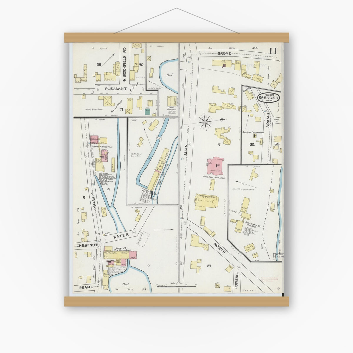Old map wall art mockup — magnetic wood frame on white wall — Sanborn Fire Insurance Map from Spencer, Worcester County, Massachusetts (1892), Sheet #0011