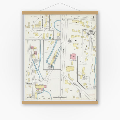 Old map wall art mockup — magnetic wood frame on white wall — Sanborn Fire Insurance Map from Spencer, Worcester County, Massachusetts (1892), Sheet #0011