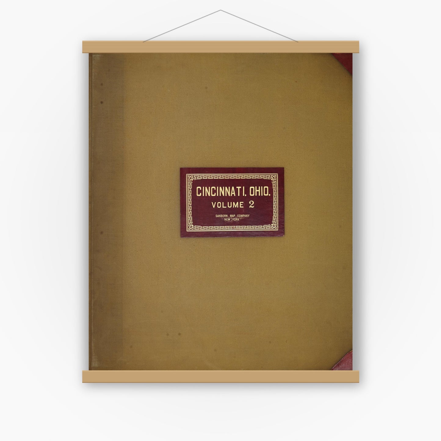 Old map wall art mockup — magnetic wood frame on white wall — Sanborn Fire Insurance Map from Cincinnati, Hamilton County, Ohio (1950), Sheet #0001