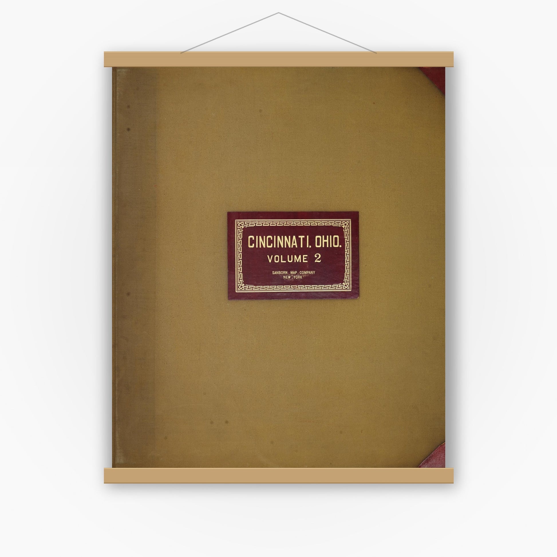 Old map wall art mockup — magnetic wood frame on white wall — Sanborn Fire Insurance Map from Cincinnati, Hamilton County, Ohio (1950), Sheet #0001