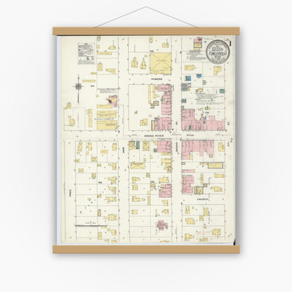 Old map wall art mockup — magnetic wood frame on white wall — Sanborn Fire Insurance Map from Fowlerville, Livingston County, Michigan (1909) - Complete Map Set
