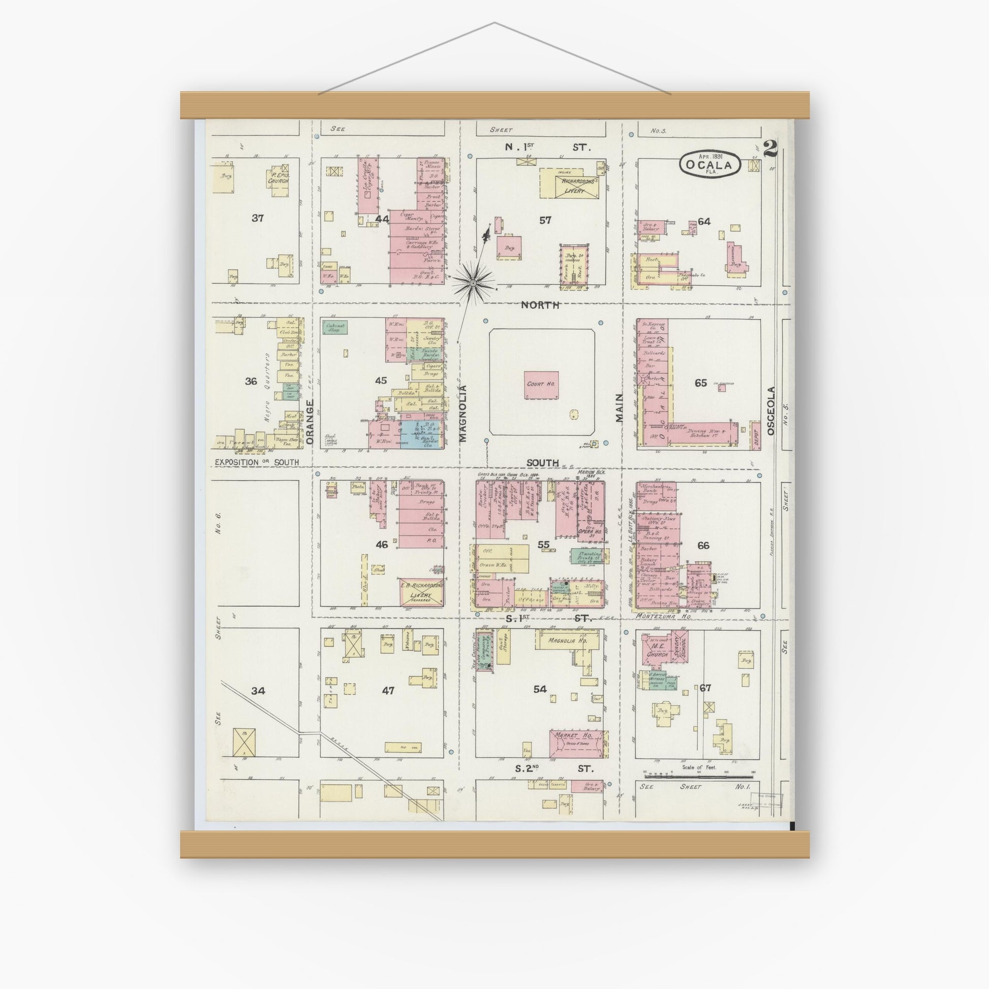 Old map wall art mockup — magnetic wood frame on white wall — Sanborn Fire Insurance Map from Ocala, Marion County, Florida (1891), Sheet #0002