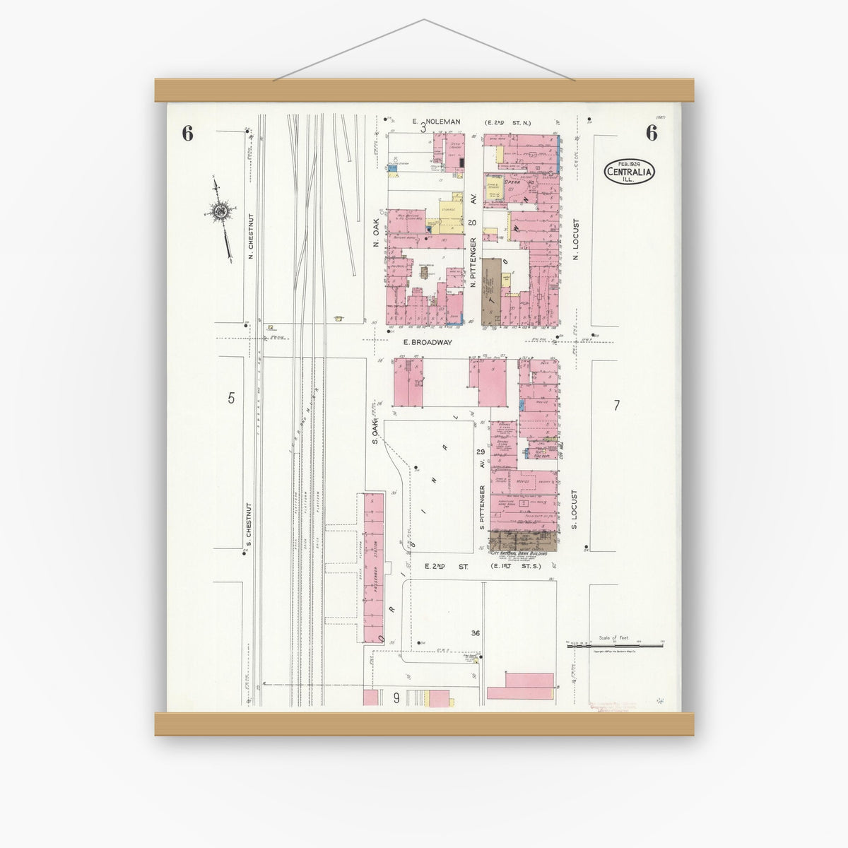 Old map wall art mockup — magnetic wood frame on white wall — Sanborn Fire Insurance Map from Centralia, Marion, Clinton, Jefferson, and Washington Counties, Illinois (1924), Sheet #0006