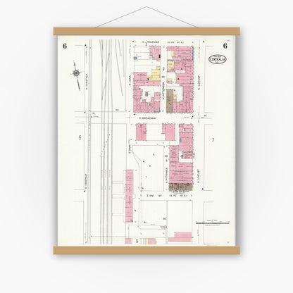 Old map wall art mockup — magnetic wood frame on white wall — Sanborn Fire Insurance Map from Centralia, Marion, Clinton, Jefferson, and Washington Counties, Illinois (1924), Sheet #0006
