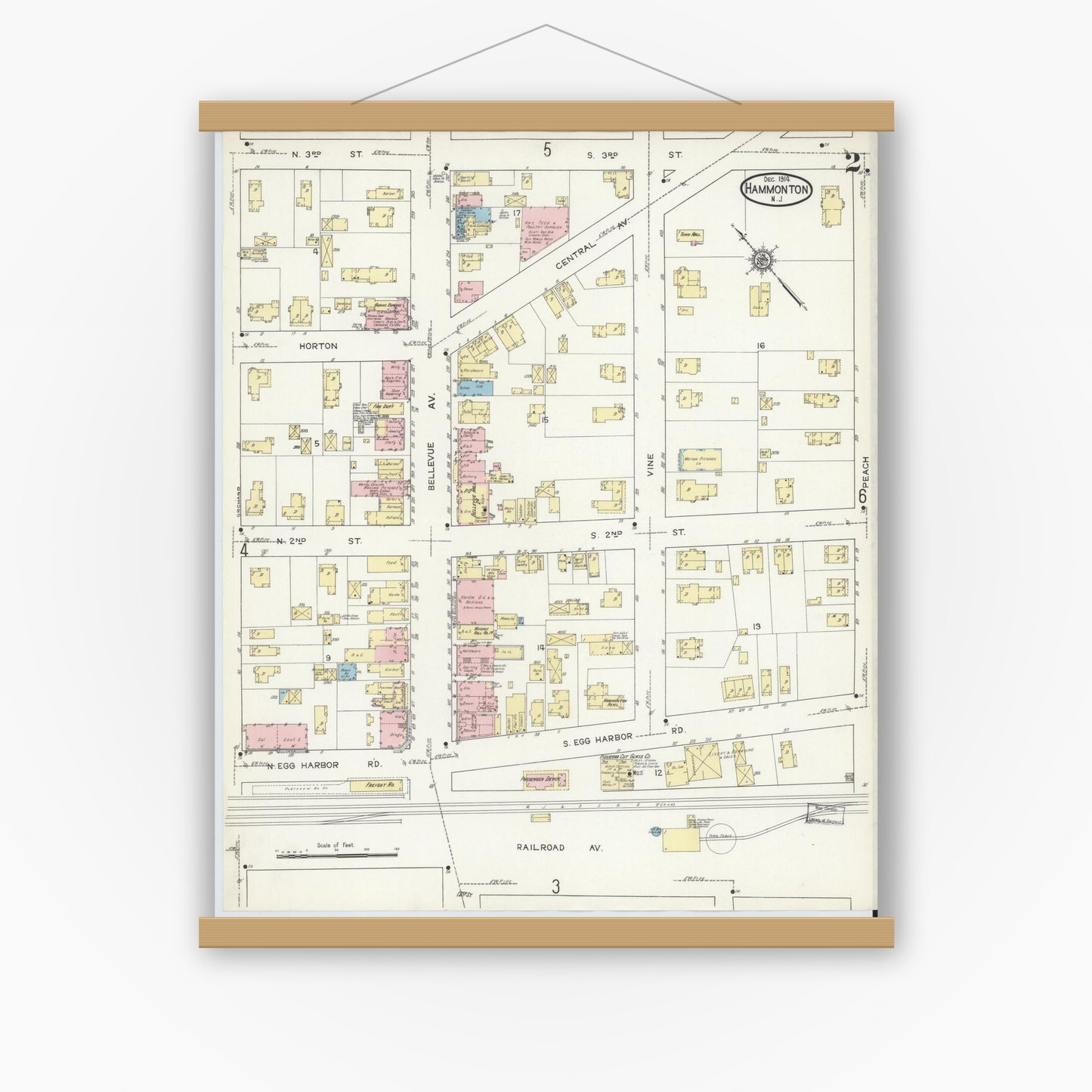 Old map wall art mockup — magnetic wood frame on white wall — Sanborn Fire Insurance Map from Hammonton, Atlantic County, New Jersey (1914), Sheet #0002