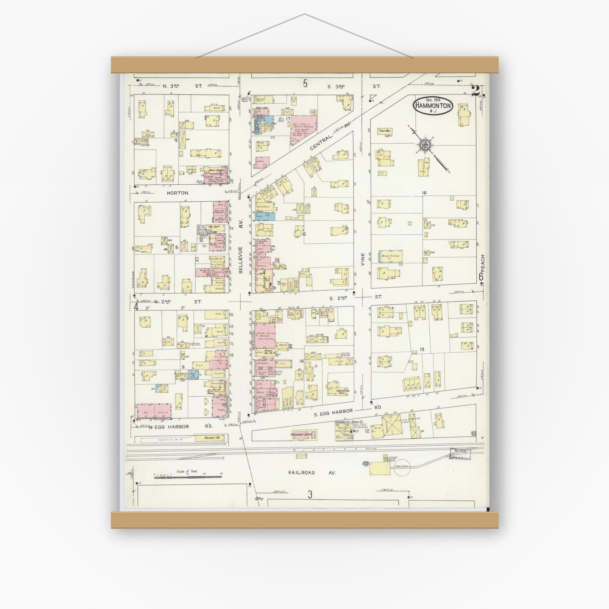 Old map wall art mockup — magnetic wood frame on white wall — Sanborn Fire Insurance Map from Hammonton, Atlantic County, New Jersey (1914), Sheet #0002