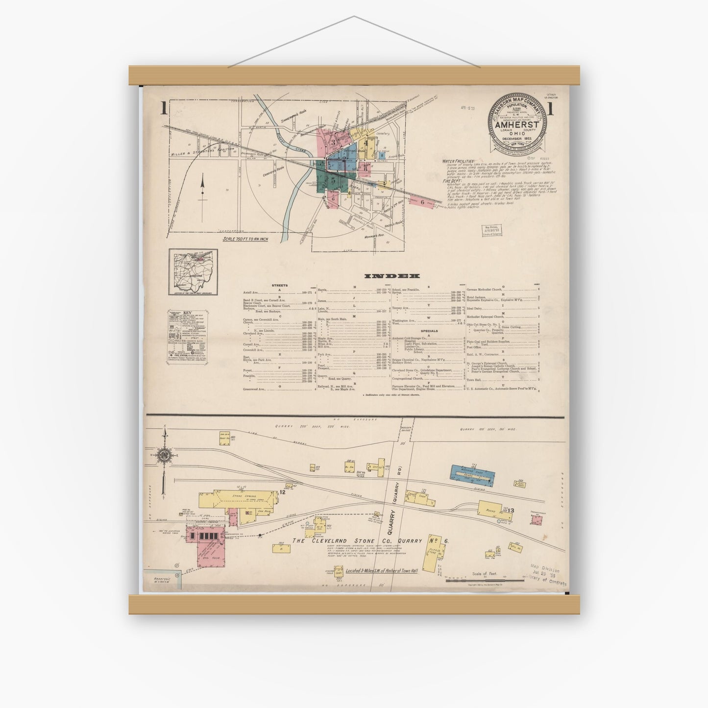 Old map wall art mockup — magnetic wood frame on white wall — Sanborn Fire Insurance Map from Amherst, Lorain County, Ohio (1922) - Complete Map Set