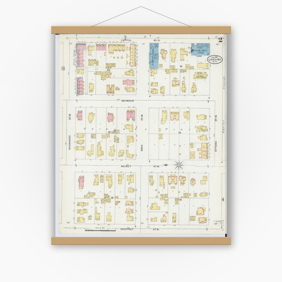 Old map wall art mockup — magnetic wood frame on white wall — Sanborn Fire Insurance Map from Lansing, Ingham County, Michigan (1898), Sheet #0002