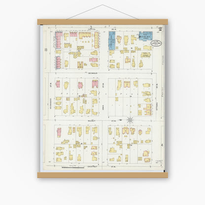 Old map wall art mockup — magnetic wood frame on white wall — Sanborn Fire Insurance Map from Lansing, Ingham County, Michigan (1898), Sheet #0002