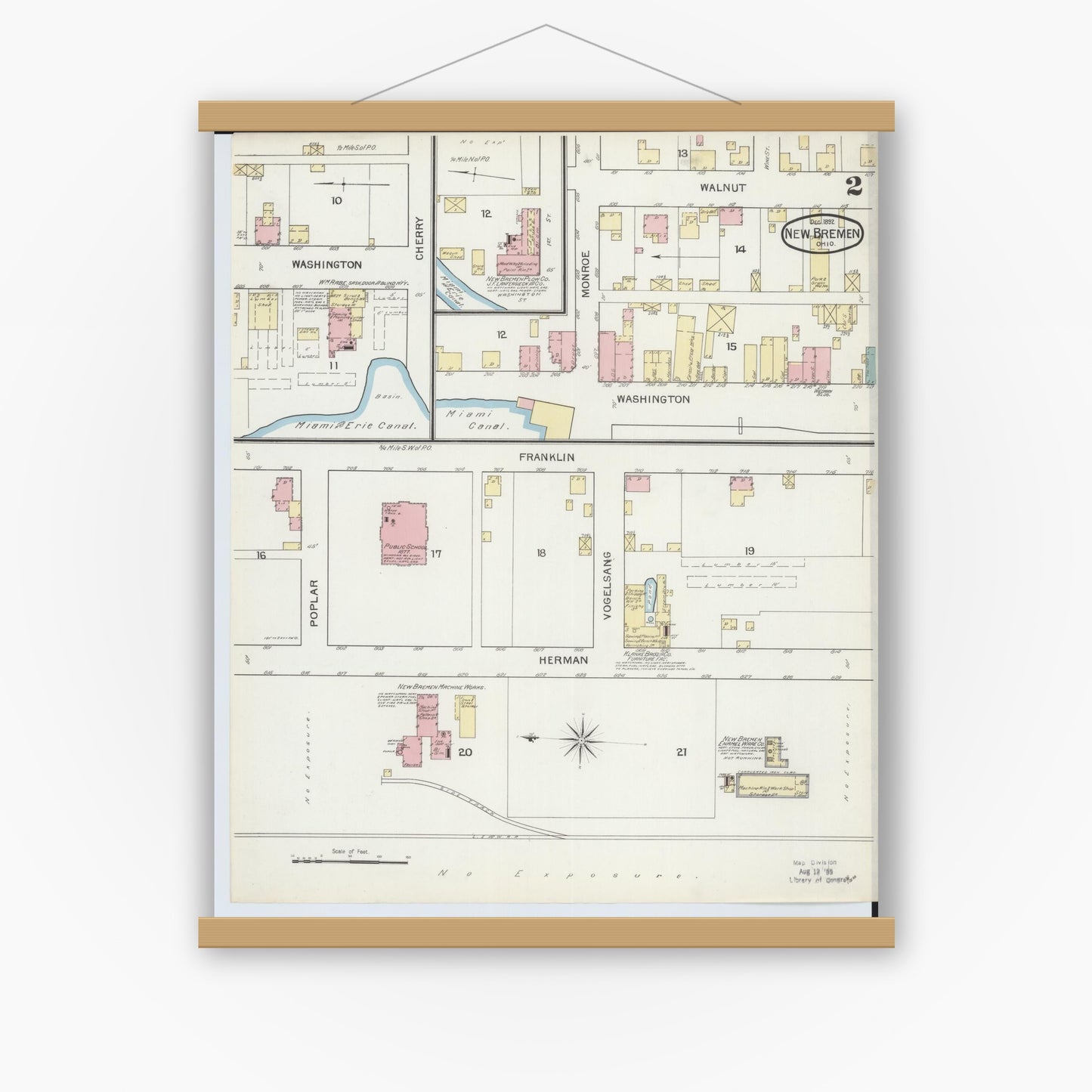 Old map wall art mockup — magnetic wood frame on white wall — Sanborn Fire Insurance Map from New Bremen, Auglaize County, Ohio (1892), Sheet #0002
