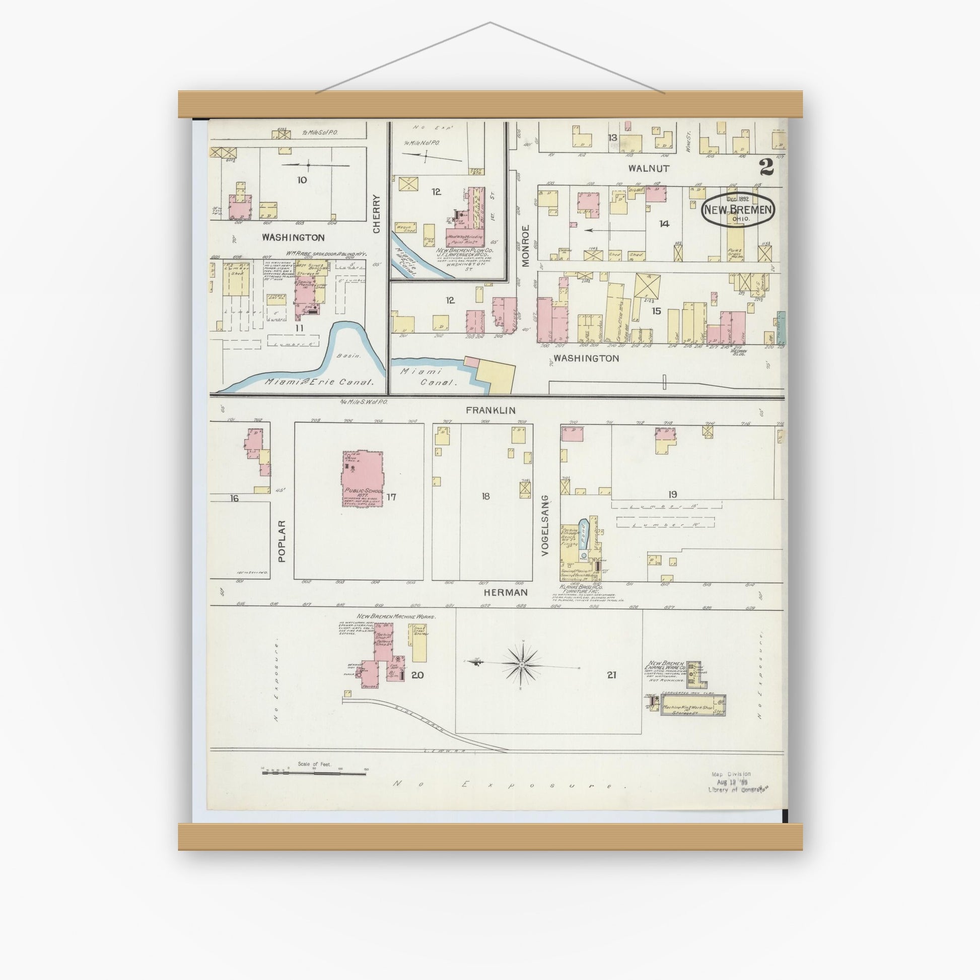 Old map wall art mockup — magnetic wood frame on white wall — Sanborn Fire Insurance Map from New Bremen, Auglaize County, Ohio (1892), Sheet #0002