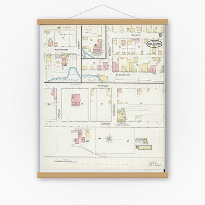 Old map wall art mockup — magnetic wood frame on white wall — Sanborn Fire Insurance Map from New Bremen, Auglaize County, Ohio (1892), Sheet #0002