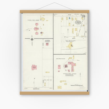 Old map wall art mockup — magnetic wood frame on white wall — Sanborn Fire Insurance Map from Urbana, Champaign County, Ohio (1910), Sheet #0022