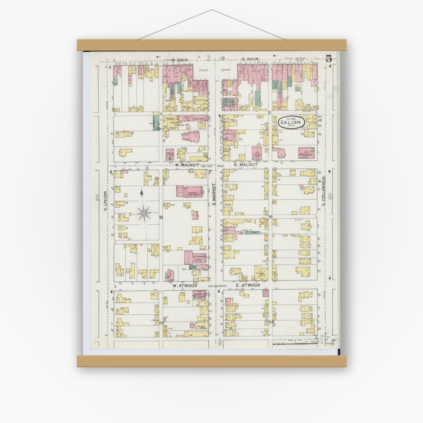 Old map wall art mockup — magnetic wood frame on white wall — Sanborn Fire Insurance Map from Galion, Crawford County, Ohio (1892), Sheet #0005