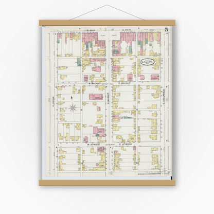 Old map wall art mockup — magnetic wood frame on white wall — Sanborn Fire Insurance Map from Galion, Crawford County, Ohio (1892), Sheet #0005