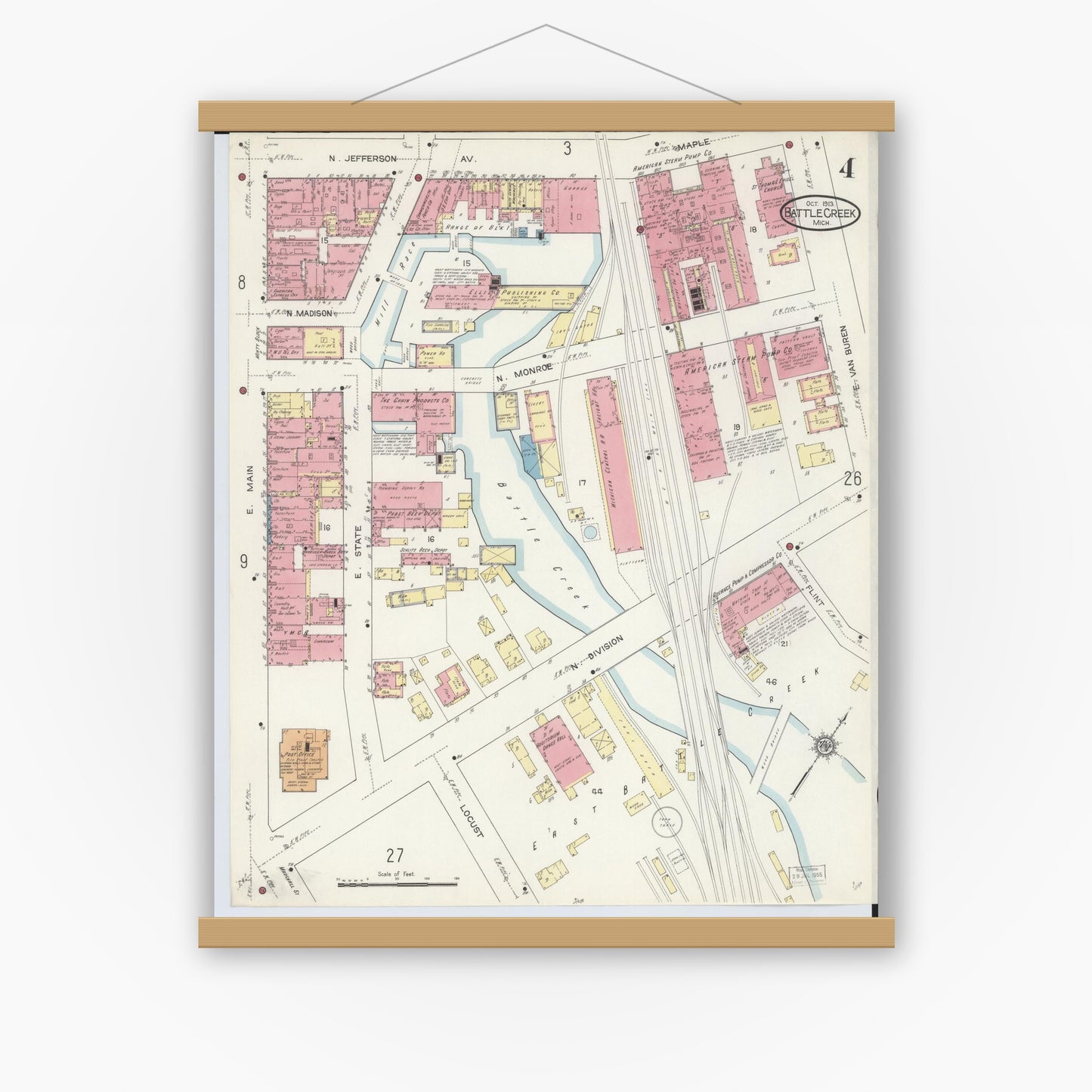 Old map wall art mockup — magnetic wood frame on white wall — Sanborn Fire Insurance Map from Battle Creek, Calhoun County, Michigan (1913), Sheet #0004