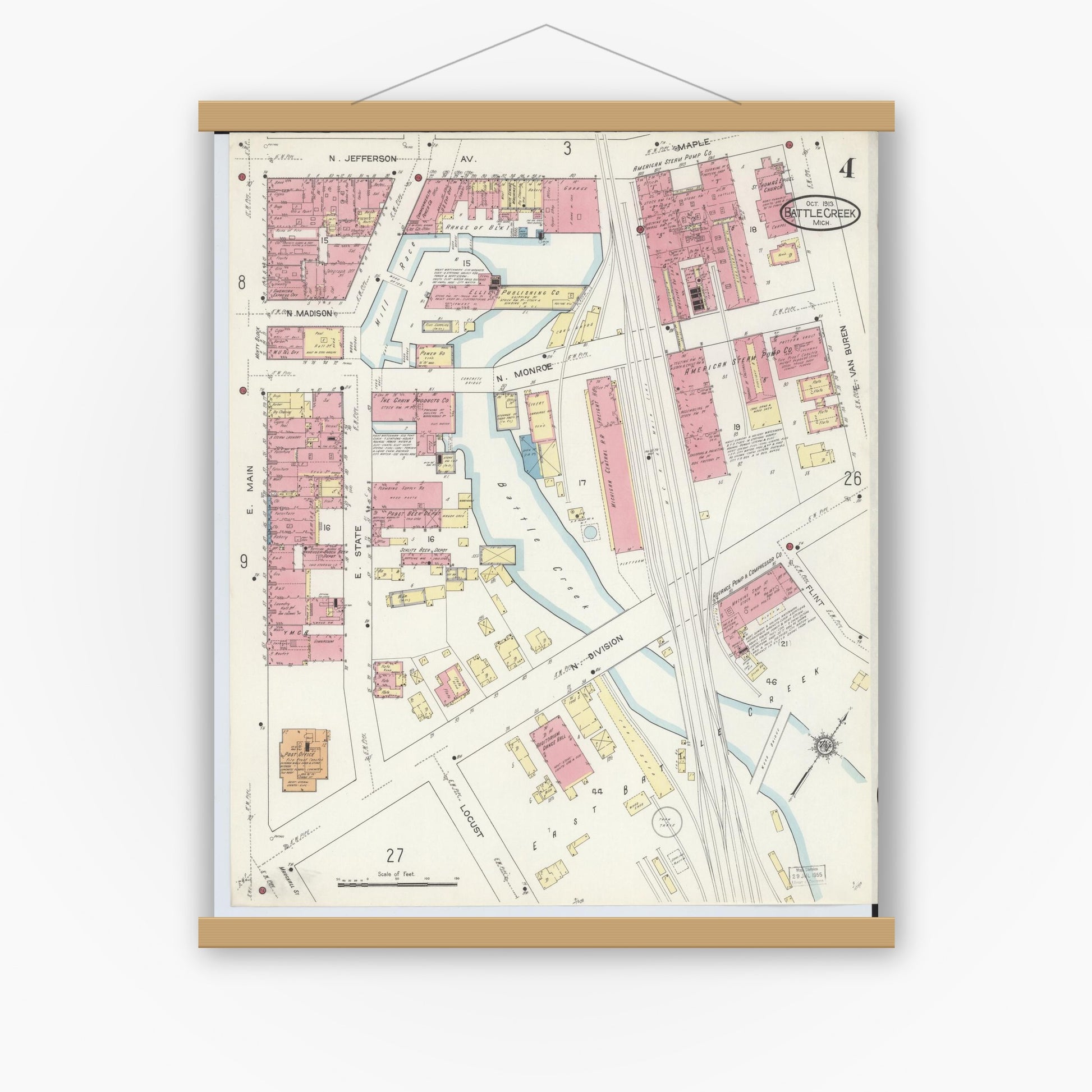 Old map wall art mockup — magnetic wood frame on white wall — Sanborn Fire Insurance Map from Battle Creek, Calhoun County, Michigan (1913), Sheet #0004