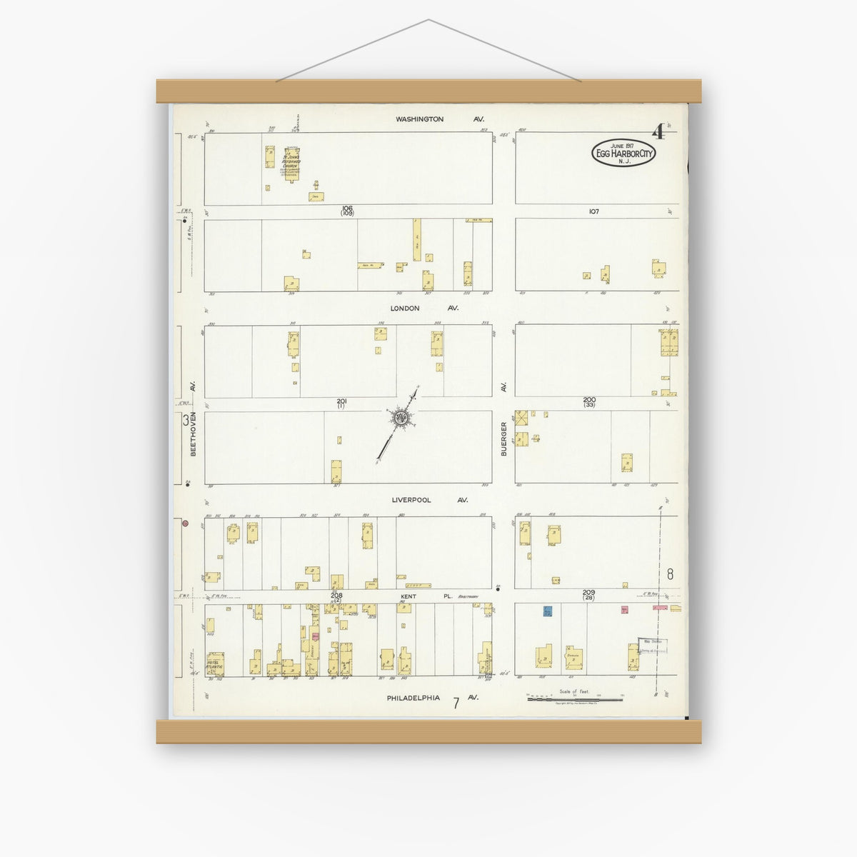 Old map wall art mockup — magnetic wood frame on white wall — Sanborn Fire Insurance Map from Egg Harbor City, Atlantic County, New Jersey (1917), Sheet #0004
