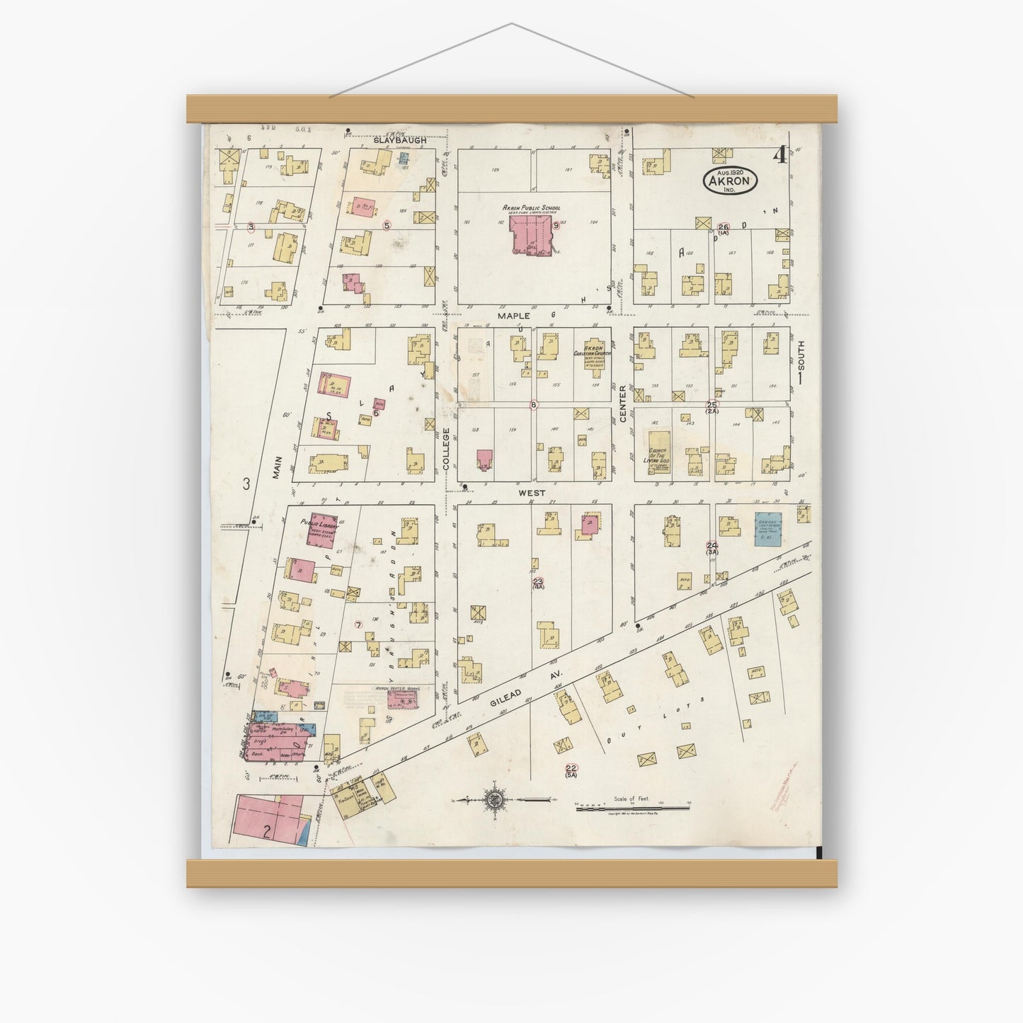 Old map wall art mockup — magnetic wood frame on white wall — Sanborn Fire Insurance Map from Akron, Fulton County, Indiana (1932), Sheet #0004