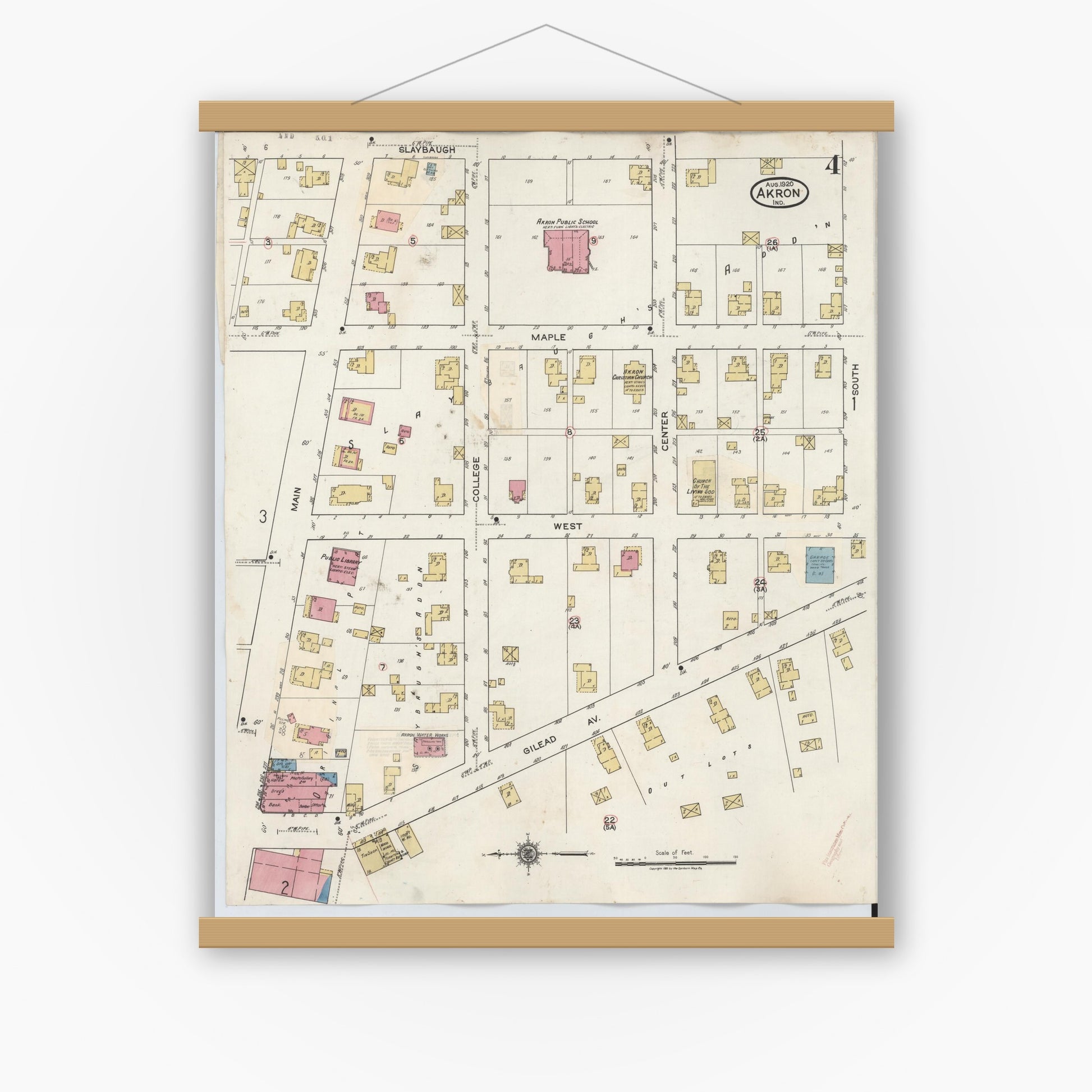 Old map wall art mockup — magnetic wood frame on white wall — Sanborn Fire Insurance Map from Akron, Fulton County, Indiana (1932), Sheet #0004
