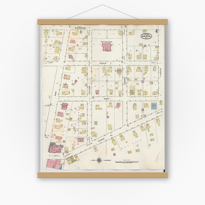 Old map wall art mockup — magnetic wood frame on white wall — Sanborn Fire Insurance Map from Akron, Fulton County, Indiana (1932), Sheet #0004