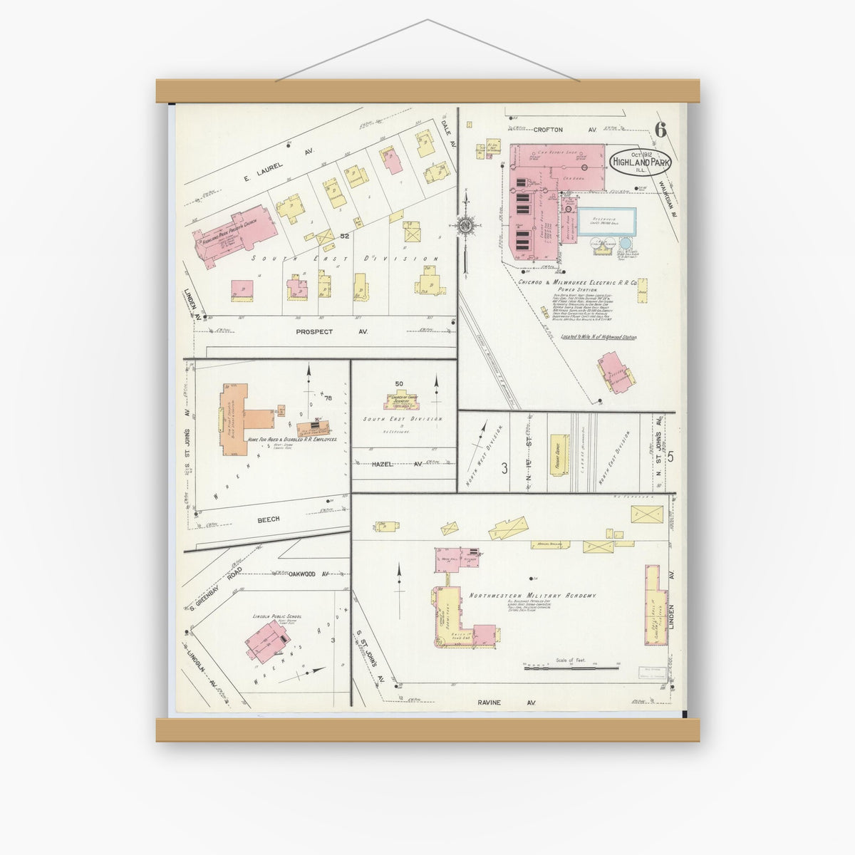 Old map wall art mockup — magnetic wood frame on white wall — Sanborn Fire Insurance Map from Highland Park, Lake County, Illinois (1912), Sheet #0006