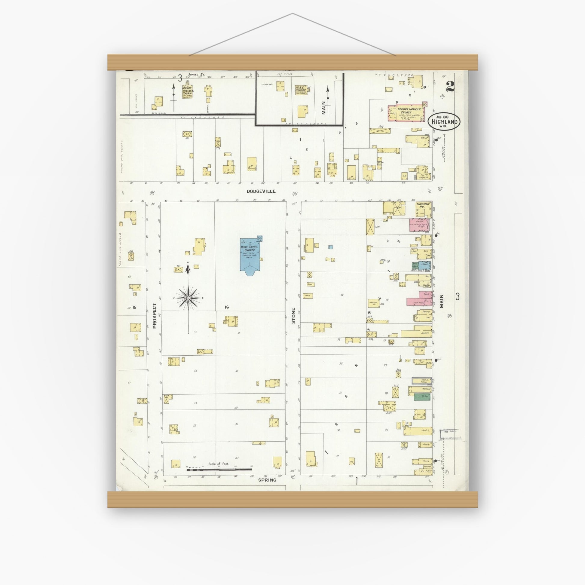 Old map wall art mockup — magnetic wood frame on white wall — Sanborn Fire Insurance Map from Highland, Iowa County, Wisconsin (1908), Sheet #0002