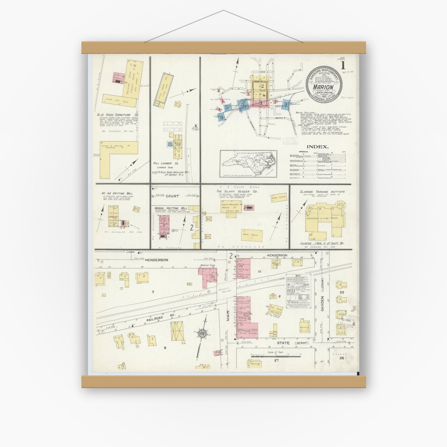 Old map wall art mockup — magnetic wood frame on white wall — Sanborn Fire Insurance Map from Marion, Mcdowell County, North Carolina (1913) - Complete Map Set