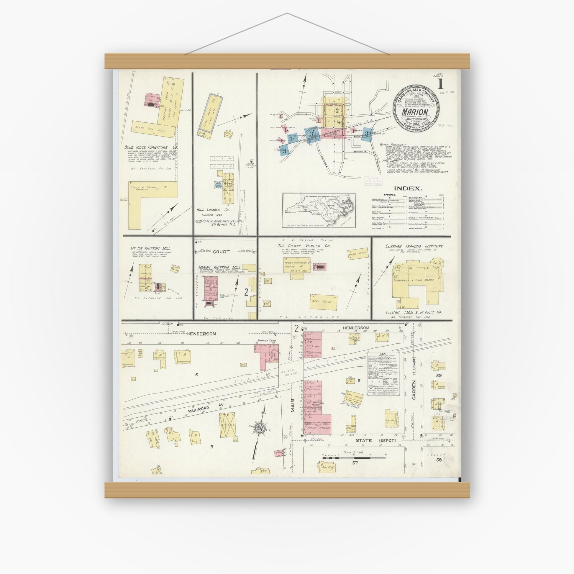 Old map wall art mockup — magnetic wood frame on white wall — Sanborn Fire Insurance Map from Marion, Mcdowell County, North Carolina (1913) - Complete Map Set