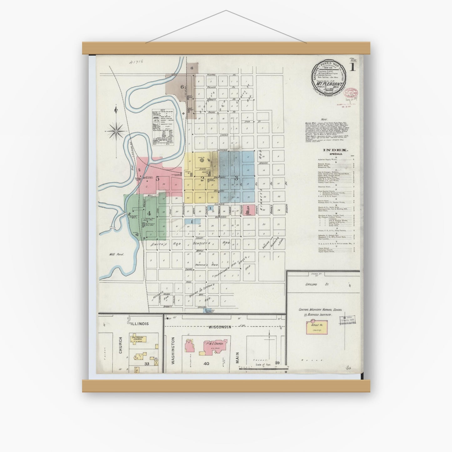 Old map wall art mockup — magnetic wood frame on white wall — Sanborn Fire Insurance Map from Mount Pleasant, Isabella County, Michigan (1895) - Complete Map Set