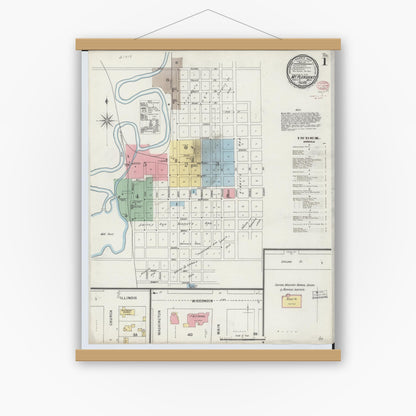 Old map wall art mockup — magnetic wood frame on white wall — Sanborn Fire Insurance Map from Mount Pleasant, Isabella County, Michigan (1895) - Complete Map Set