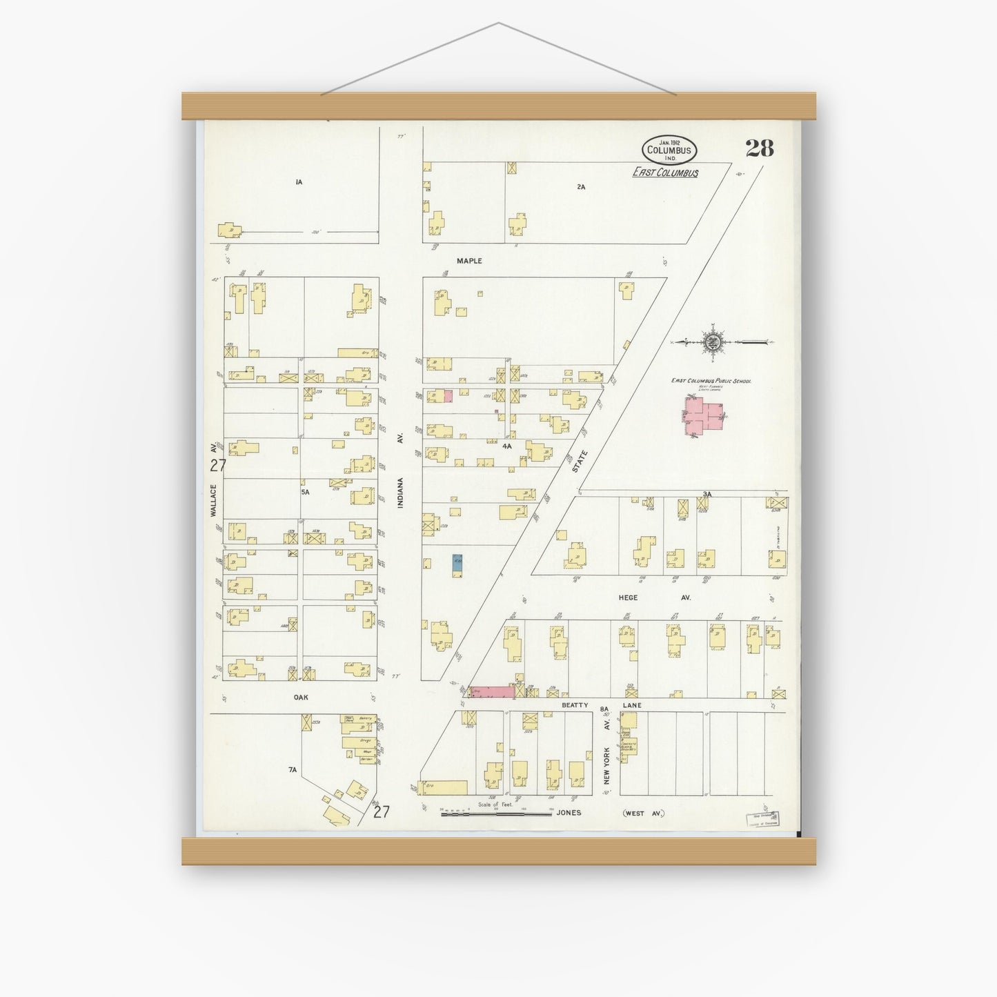 Old map wall art mockup — magnetic wood frame on white wall — Sanborn Fire Insurance Map from Columbus, Bartholomew County, Indiana (1912), Sheet #0028