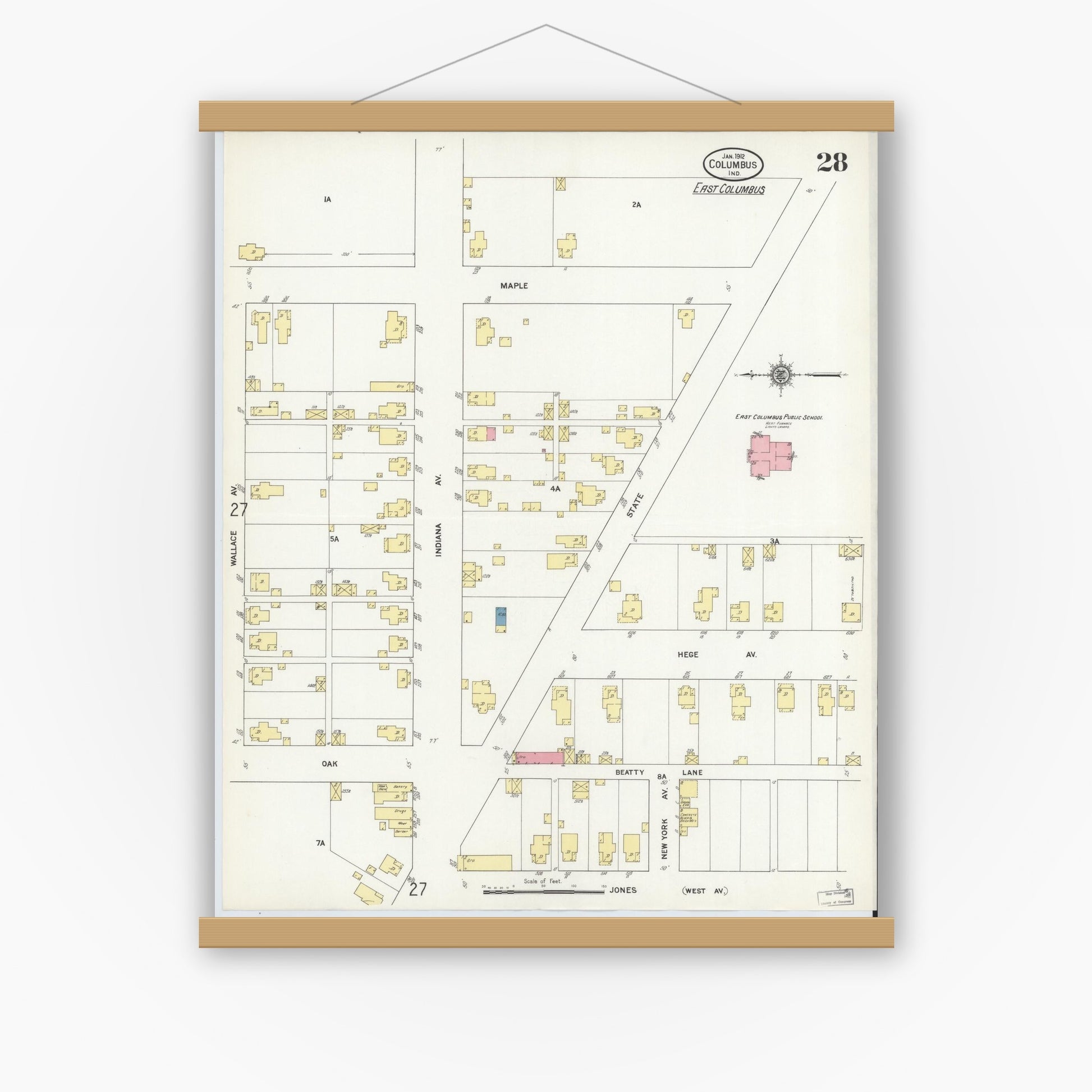 Old map wall art mockup — magnetic wood frame on white wall — Sanborn Fire Insurance Map from Columbus, Bartholomew County, Indiana (1912), Sheet #0028