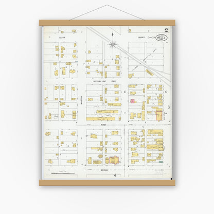 Old map wall art mockup — magnetic wood frame on white wall — Sanborn Fire Insurance Map from Wells, Faribault County, Minnesota (1900), Sheet #0002
