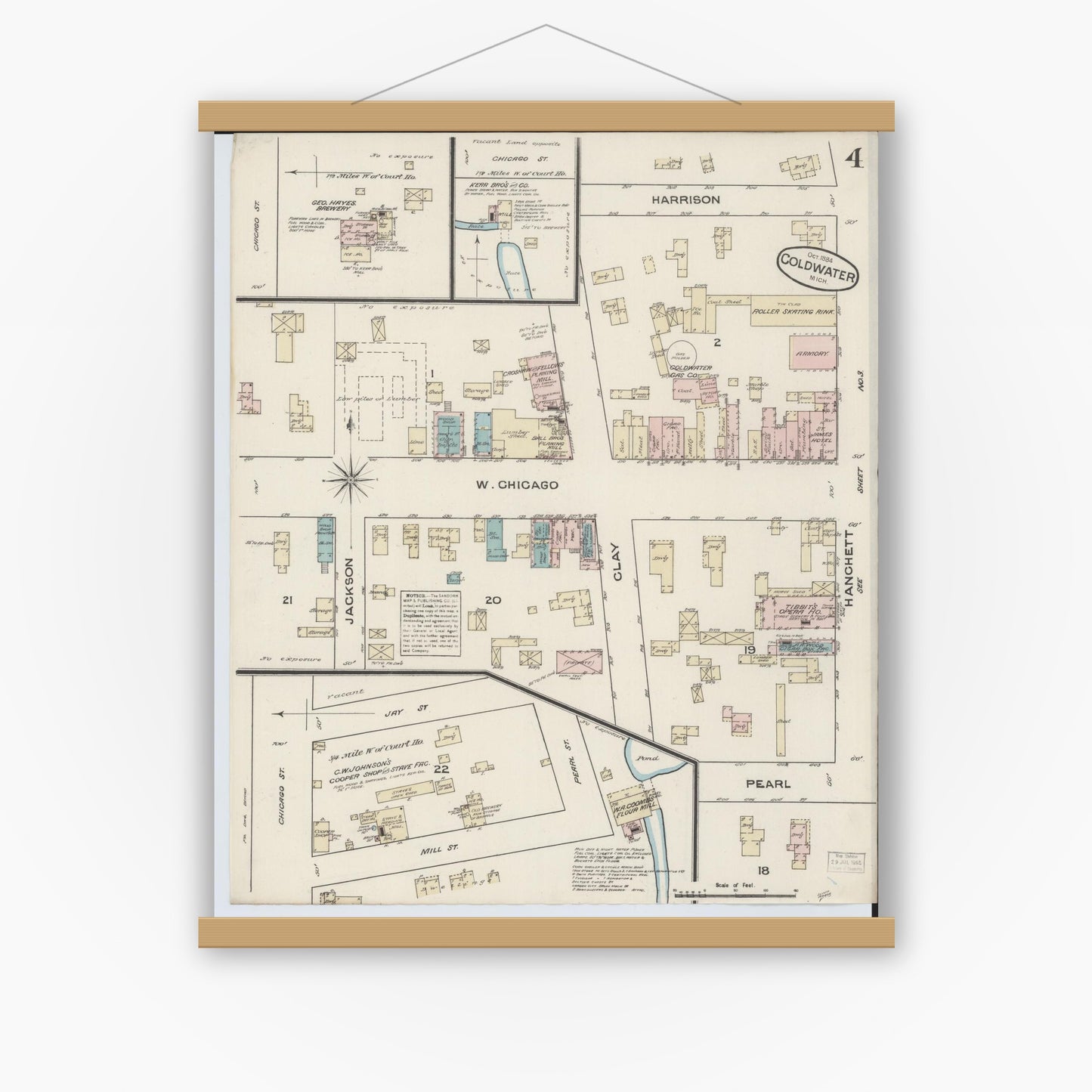 Old map wall art mockup — magnetic wood frame on white wall — Sanborn Fire Insurance Map from Coldwater, Branch County, Michigan (1884), Sheet #0004