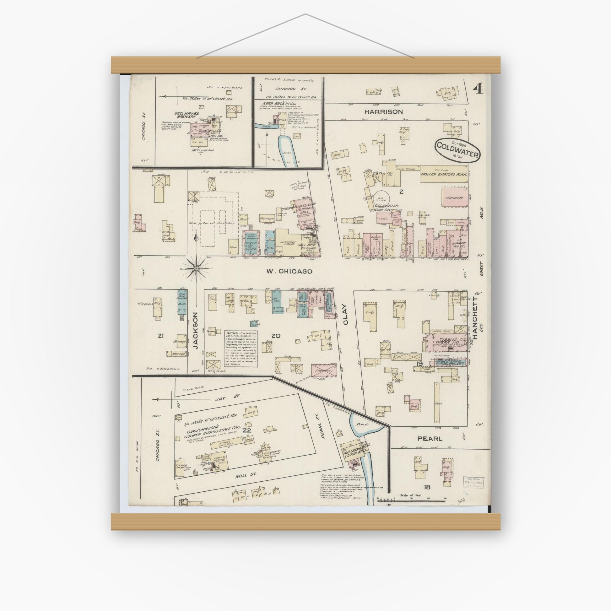 Old map wall art mockup — magnetic wood frame on white wall — Sanborn Fire Insurance Map from Coldwater, Branch County, Michigan (1884), Sheet #0004
