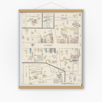 Old map wall art mockup — magnetic wood frame on white wall — Sanborn Fire Insurance Map from Coldwater, Branch County, Michigan (1884), Sheet #0004