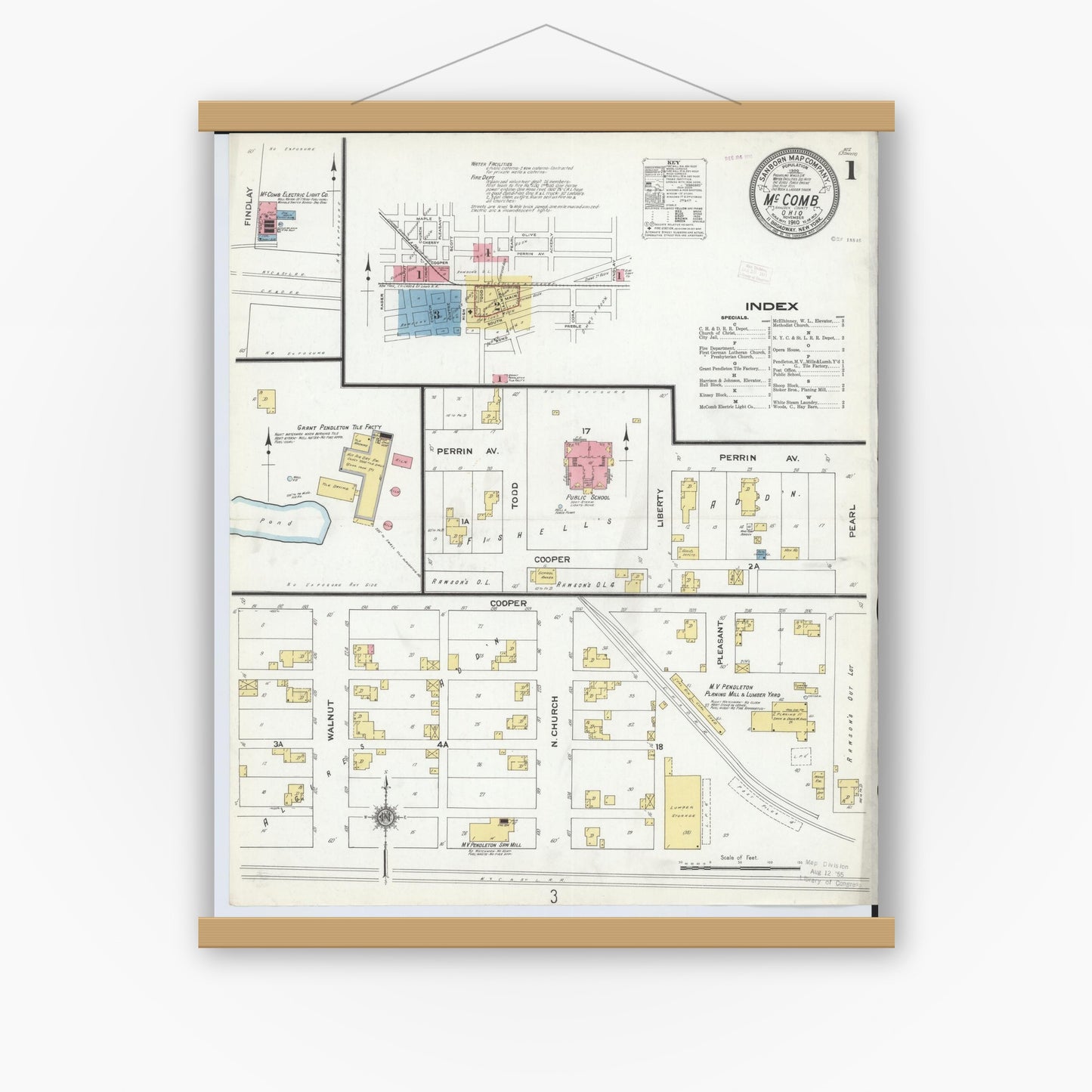 Old map wall art mockup — magnetic wood frame on white wall — Sanborn Fire Insurance Map from McComb, Hancock County, Ohio (1910) - Complete Map Set