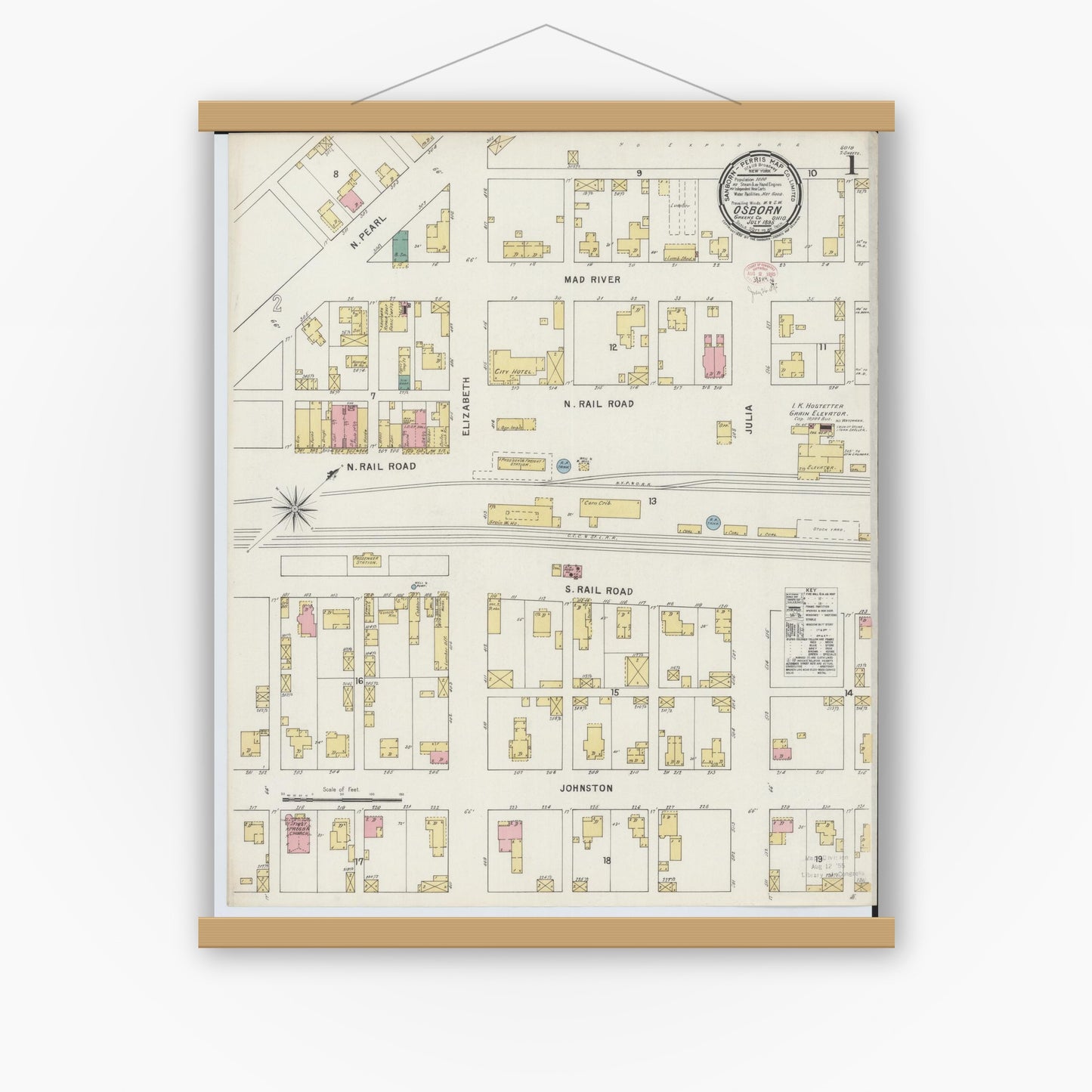 Old map wall art mockup — magnetic wood frame on white wall — Sanborn Fire Insurance Map from Osborn, Greene County, Ohio (1895) - Complete Map Set