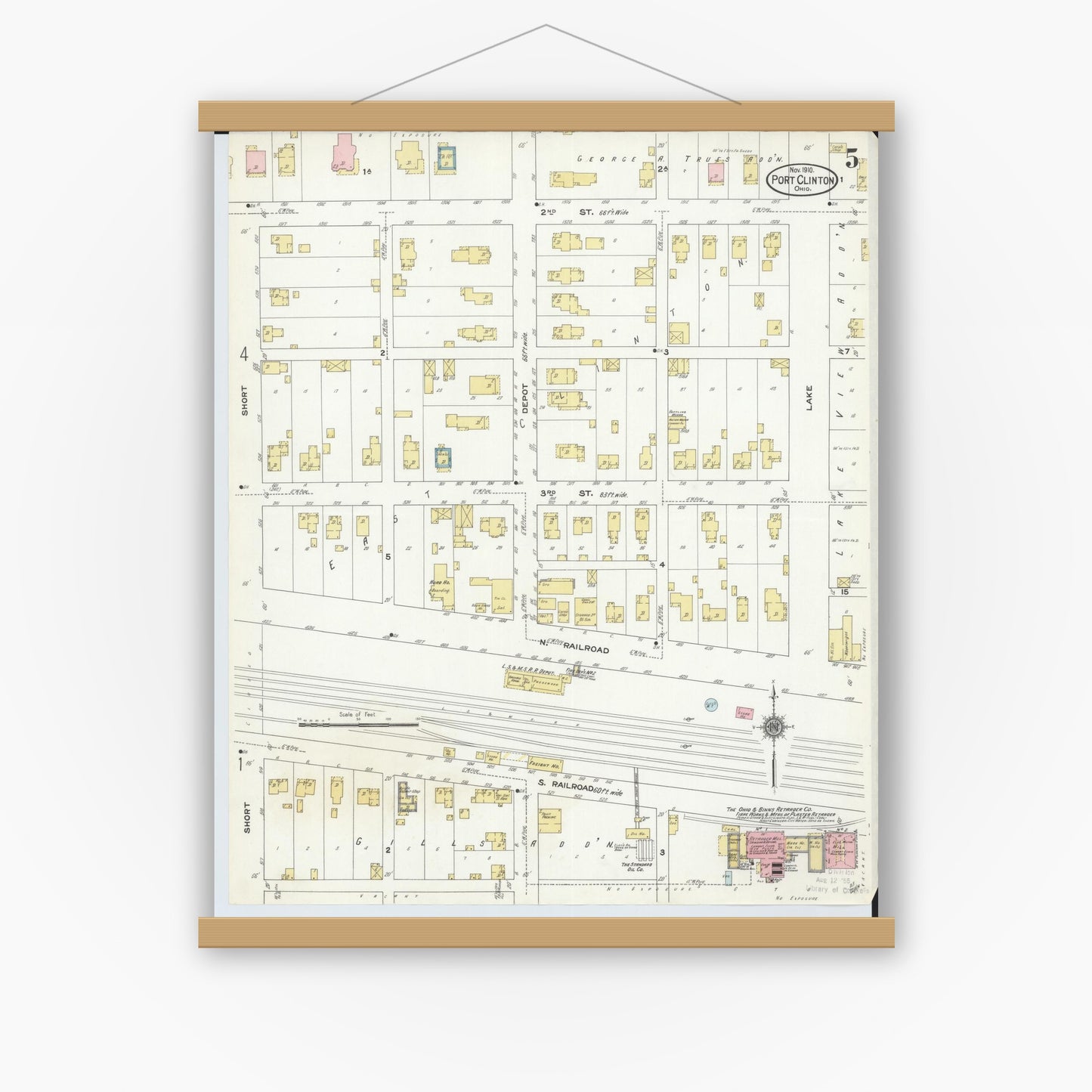 Old map wall art mockup — magnetic wood frame on white wall — Sanborn Fire Insurance Map from Port Clinton, Ottawa County, Ohio (1910), Sheet #0005