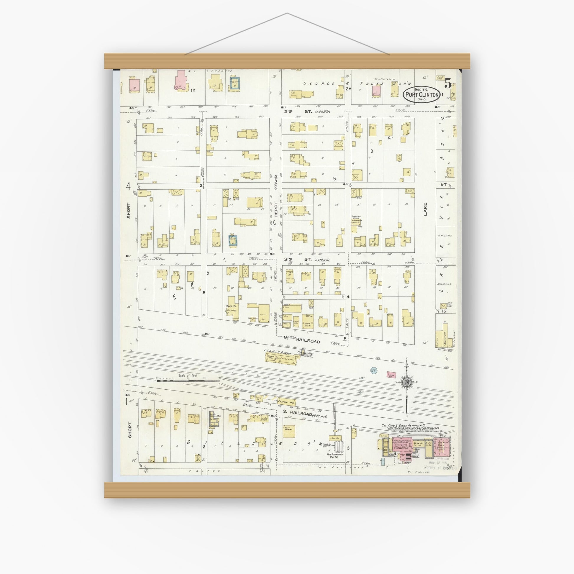 Old map wall art mockup — magnetic wood frame on white wall — Sanborn Fire Insurance Map from Port Clinton, Ottawa County, Ohio (1910), Sheet #0005