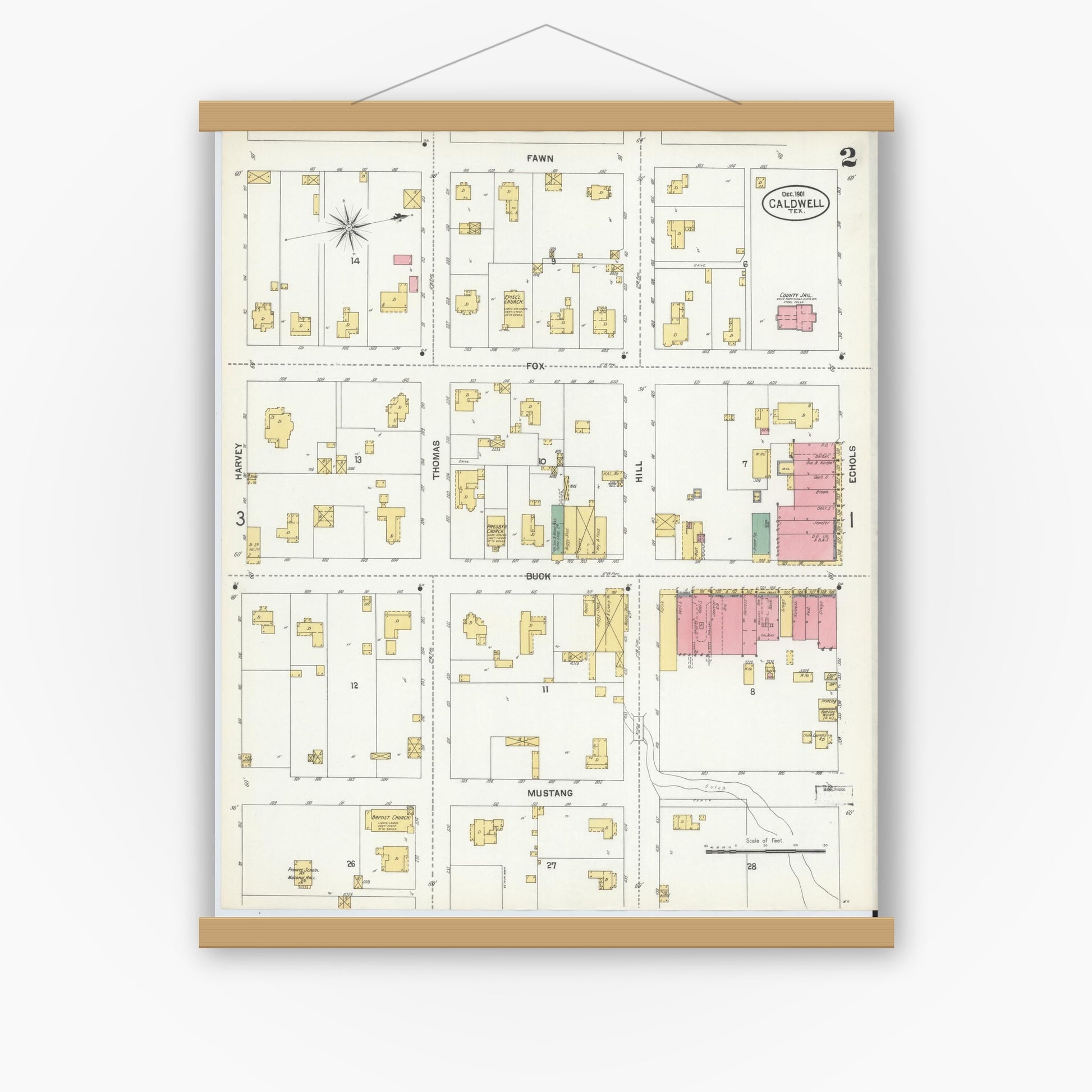 Old map wall art mockup — magnetic wood frame on white wall — Sanborn Fire Insurance Map from Caldwell, Burleson County, Texas (1901), Sheet #0002