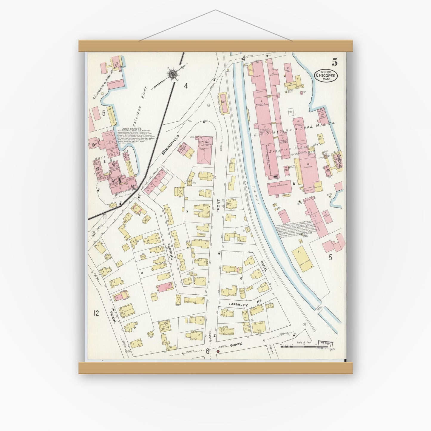 Old map wall art mockup — magnetic wood frame on white wall — Sanborn Fire Insurance Map from Chicopee, Hampden County, Massachusetts (1910), Sheet #0005