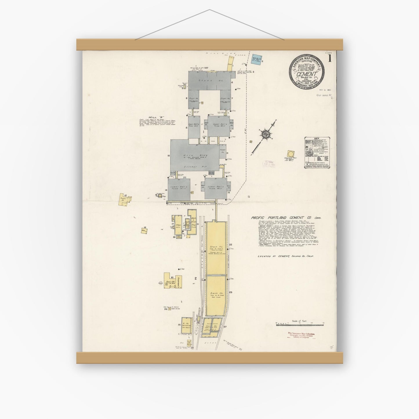 Old map wall art mockup — magnetic wood frame on white wall — Sanborn Fire Insurance Map from Cement, Solano County, California (1912), Sheet #0001