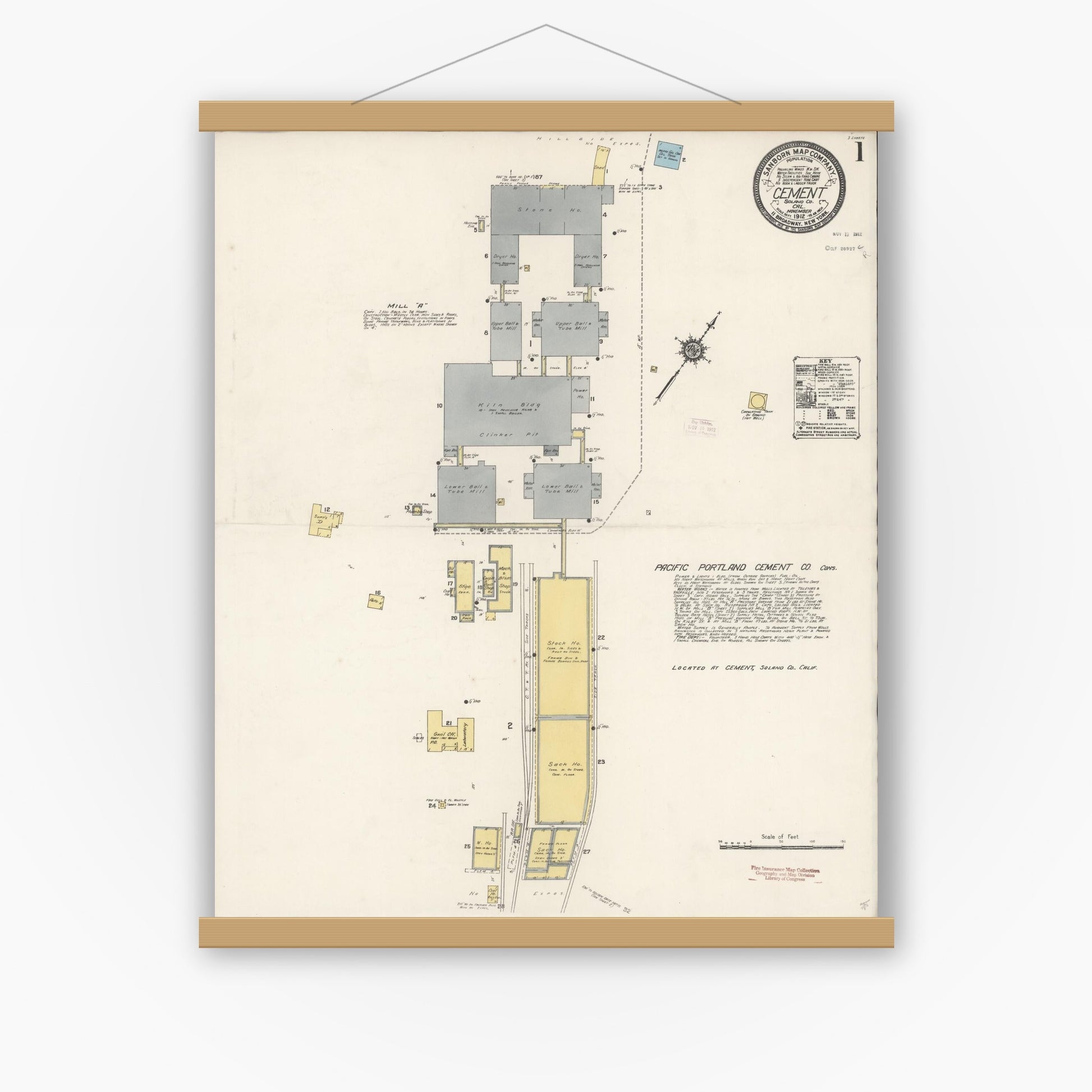 Old map wall art mockup — magnetic wood frame on white wall — Sanborn Fire Insurance Map from Cement, Solano County, California (1912), Sheet #0001