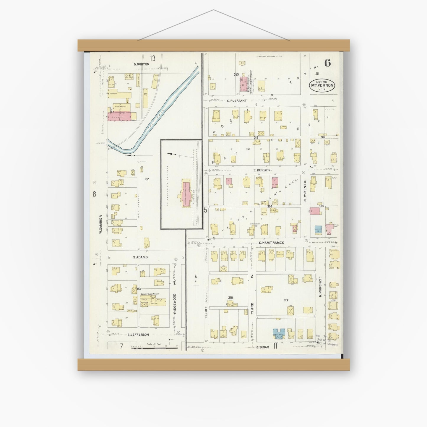 Old map wall art mockup — magnetic wood frame on white wall — Sanborn Fire Insurance Map from Mount Vernon, Knox County, Ohio (1907), Sheet #0006