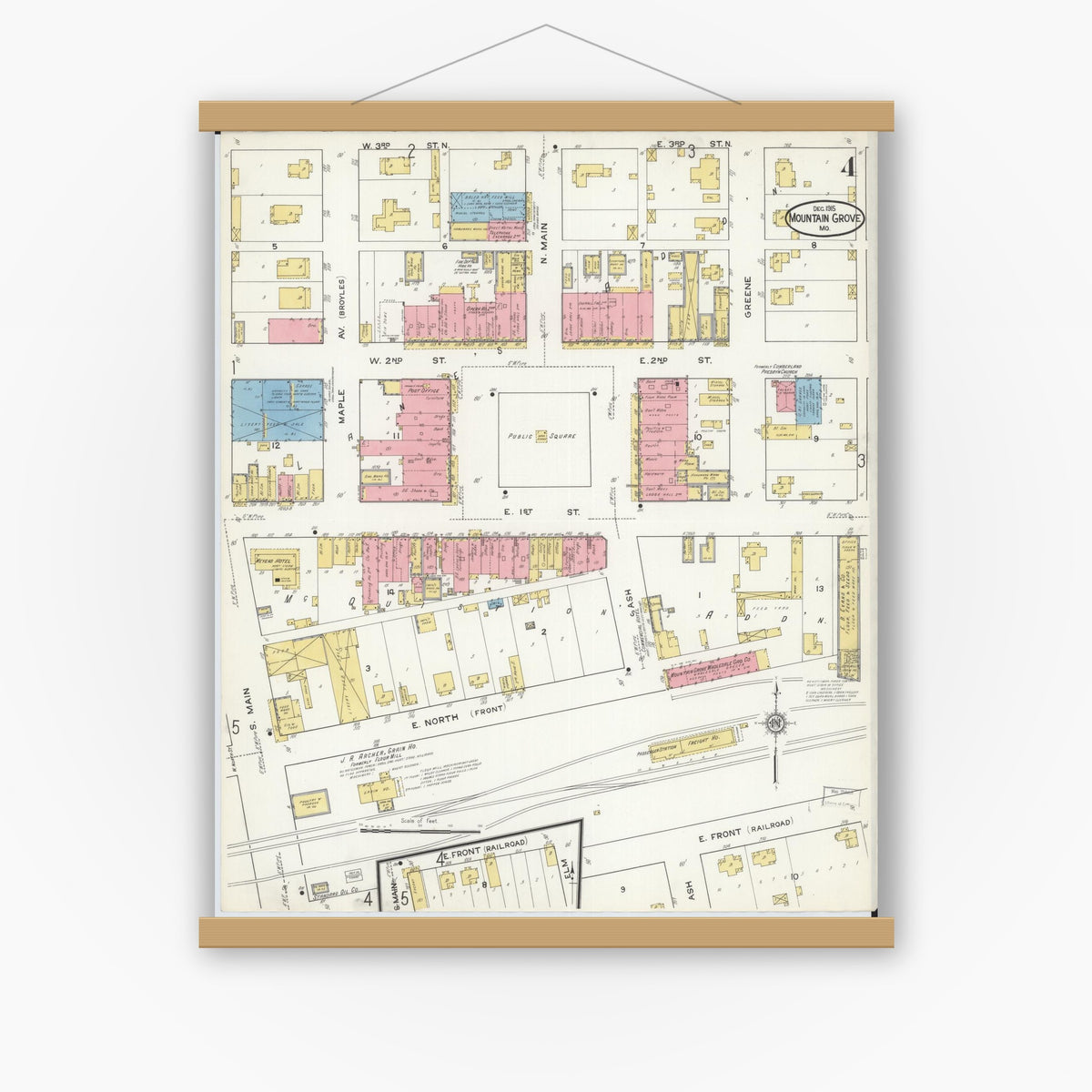 Old map wall art mockup — magnetic wood frame on white wall — Sanborn Fire Insurance Map from Mountain Grove, Wright County, Missouri (1915), Sheet #0004