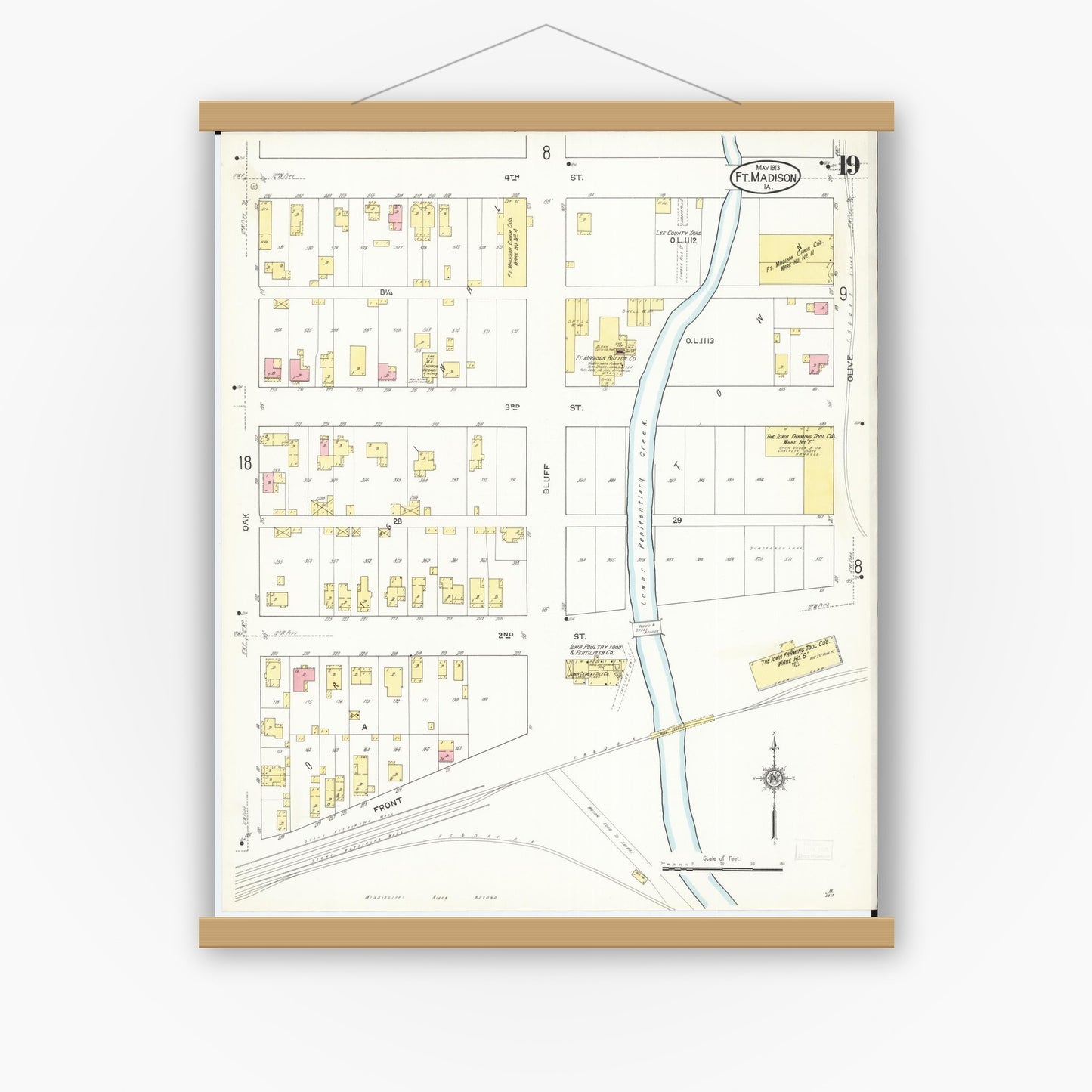 Old map wall art mockup — magnetic wood frame on white wall — Sanborn Fire Insurance Map from Fort Madison, Lee County, Iowa (1913), Sheet #0019